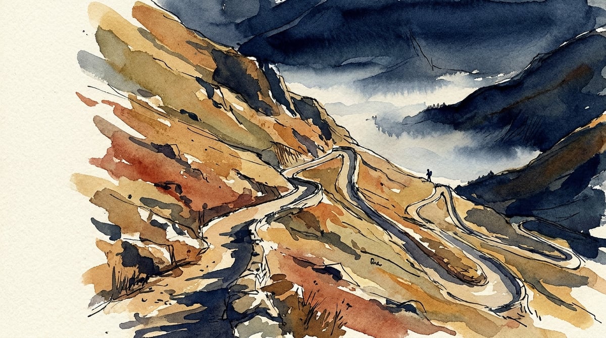 Sentier alpin en lacets serpentant dans la pente au lever du jour