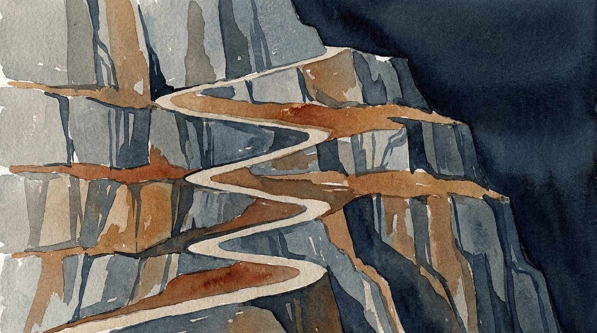 Parois rocheuses étagées avec sentier serpentant