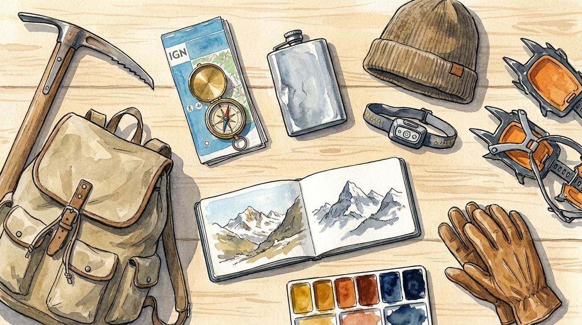 Flat lay d'objets de randonnée : piolet, sac, carte, gourde, bonnet