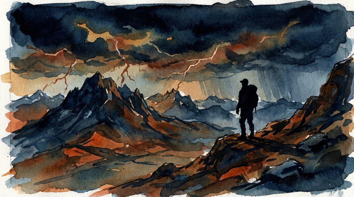 Silhouette observant un orage lointain depuis un col alpin