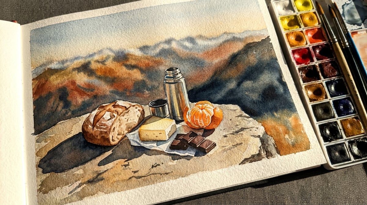 Pique-nique sommital sur une roche plate avec vue panoramique