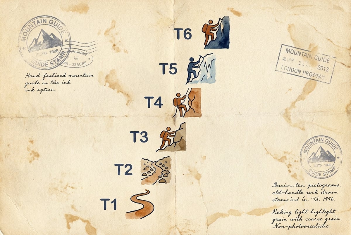 Échelle de cotation alpine T1 à T6 avec pictogrammes sur papier vieilli