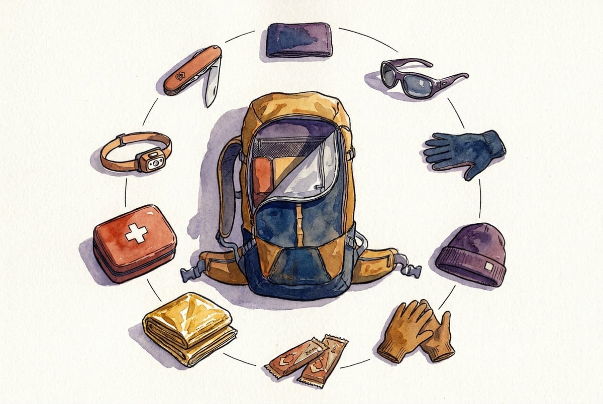 Sac à dos de randonnée ouvert avec contenu organisé vu du dessus