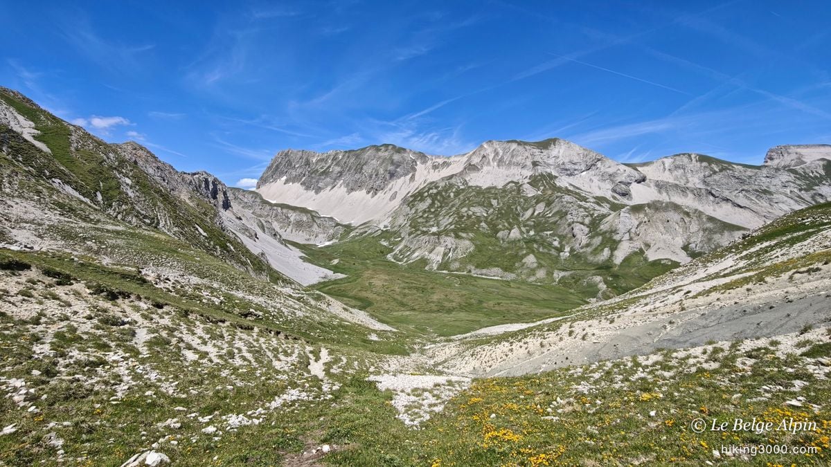 The mineral valley, snow patches on the slopes
