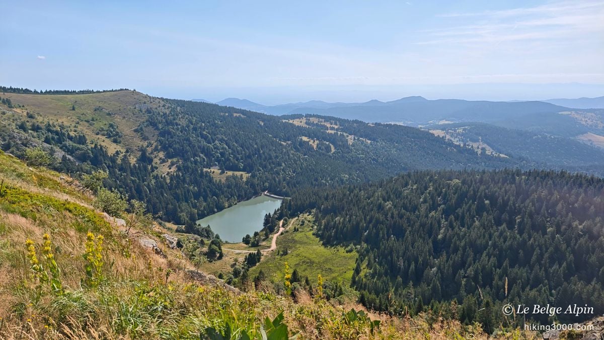 The ridgeline panorama, a lake below and the summer gentians